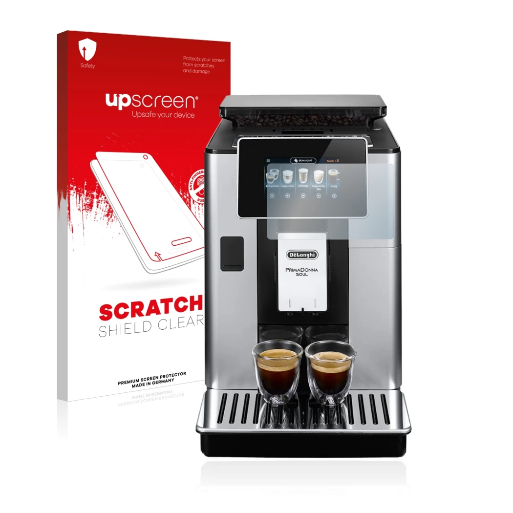 Parte frontal de un envase de producto con el logotipo de la marca upscreen. Al lado se muestra el dispositivo DeLonghi PrimaD