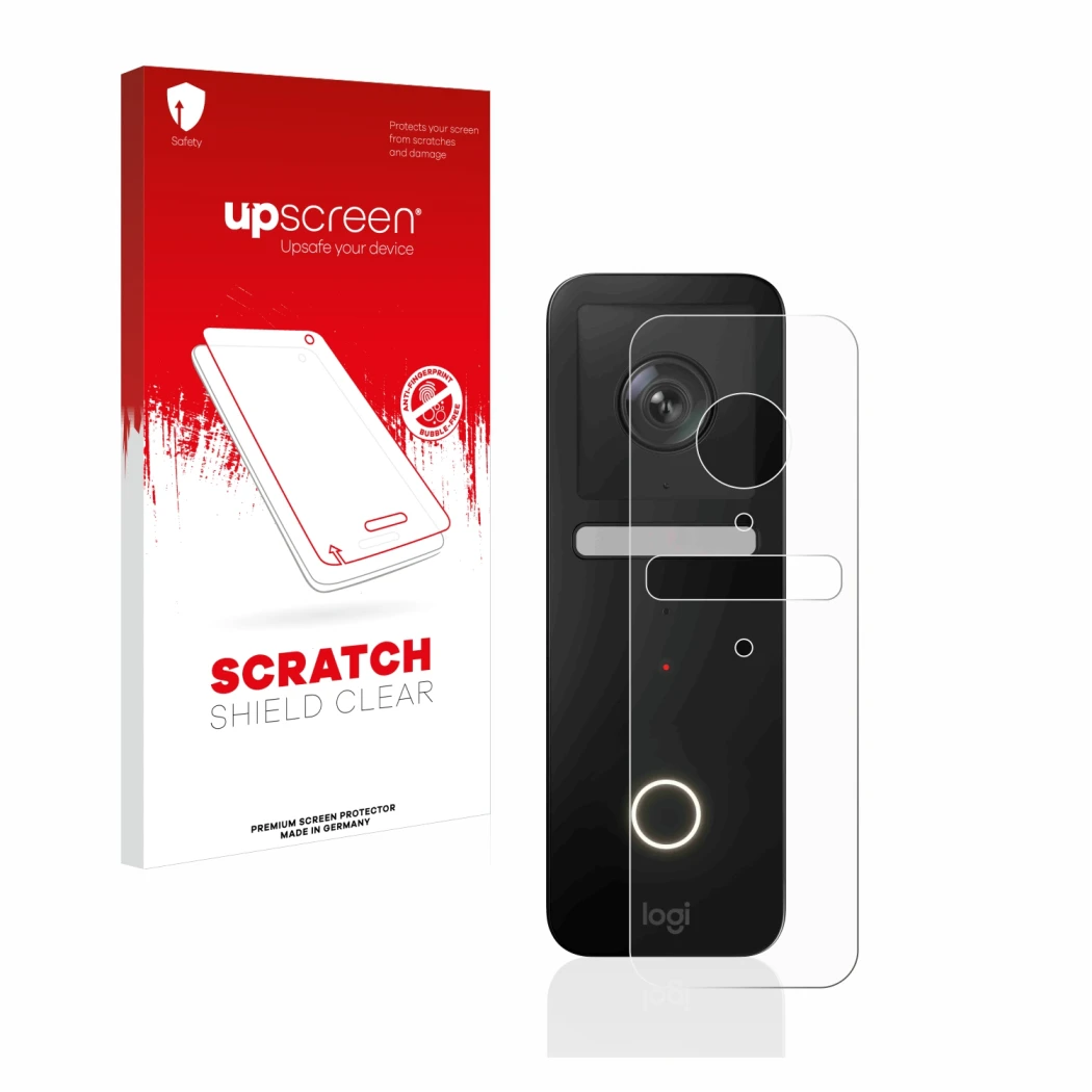 Parte frontal de un envase de producto con el logotipo de la marca upscreen. Al lado se muestra el dispositivo Logitech Circle