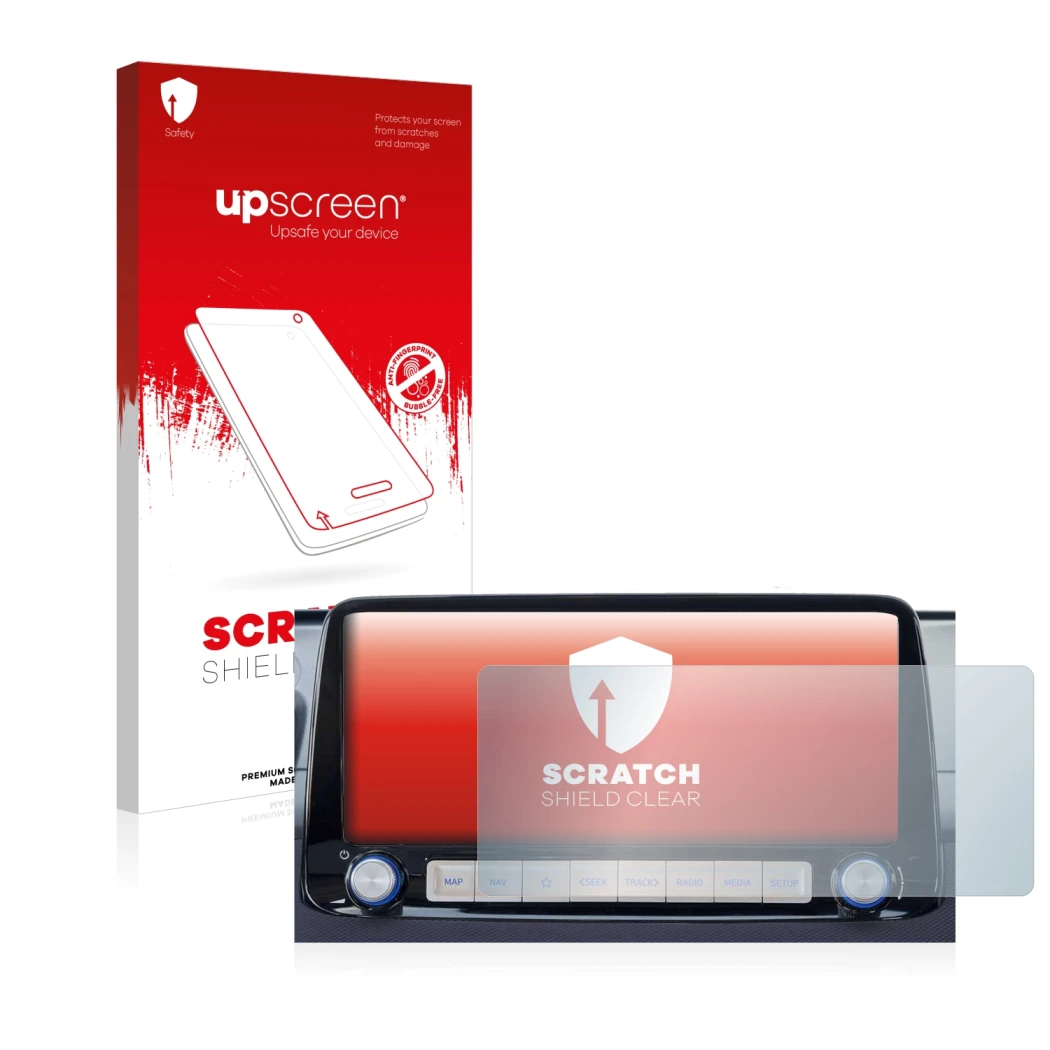 Parte frontal de un envase de producto con el logotipo de la marca upscreen. Al lado se muestra el dispositivo Hyundai Kona 20