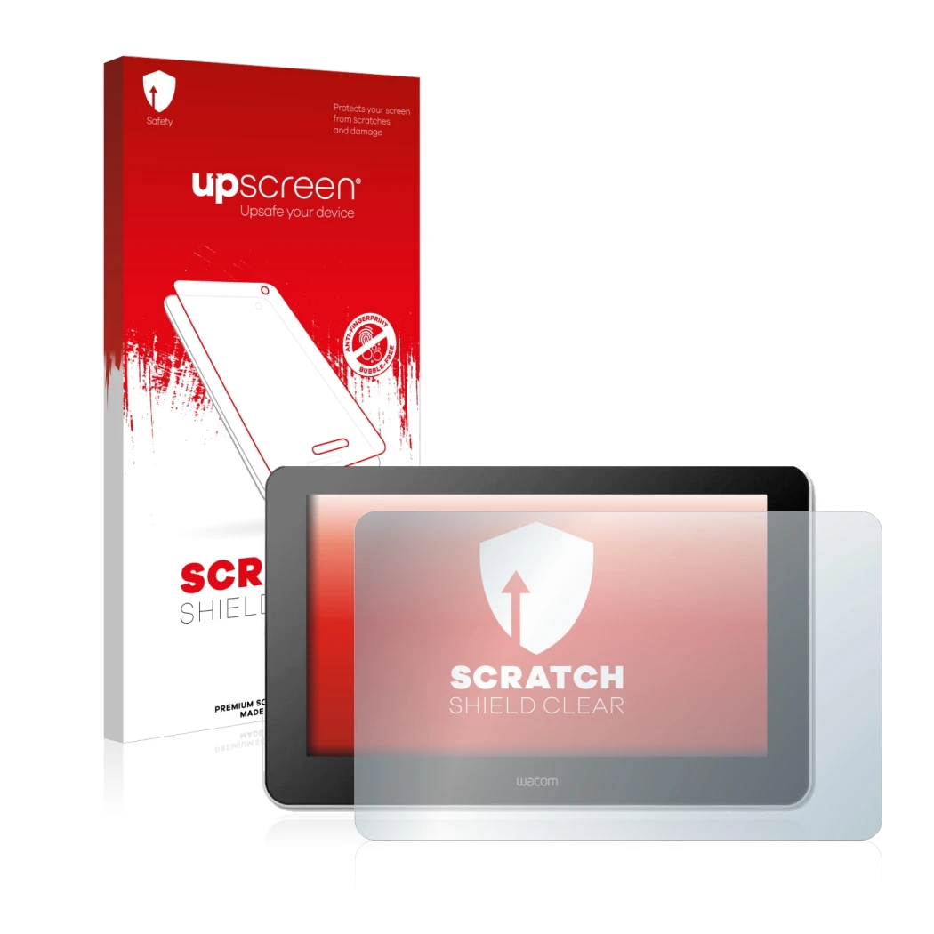 Parte frontal de un envase de producto con el logotipo de la marca upscreen. Al lado se muestra el dispositivo Wacom One Creat