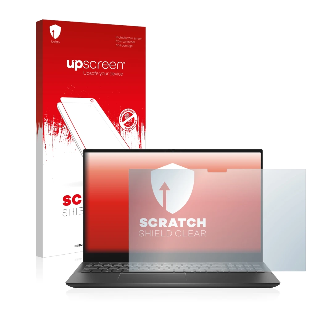 Parte frontal de un envase de producto con el logotipo de la marca upscreen. Al lado se muestra el dispositivo Dell Inspiron 1