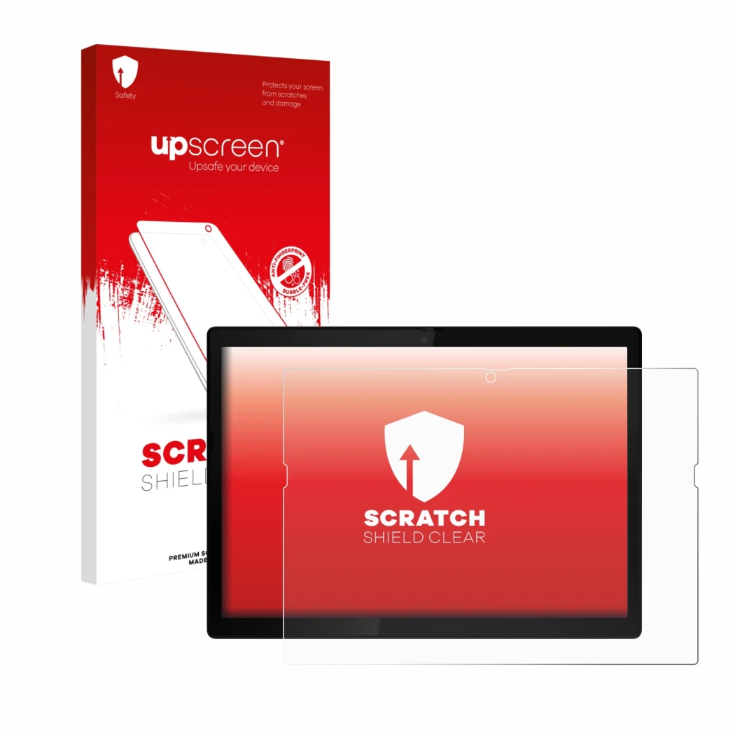 Parte frontal de un envase de producto con el logotipo de la marca upscreen. Al lado se muestra el dispositivo Lenovo ThinkPad