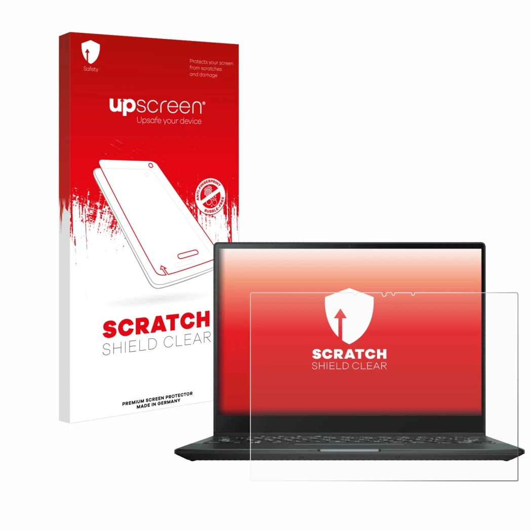 Parte frontal de un envase de producto con el logotipo de la marca upscreen. Al lado se muestra el dispositivo ASUS Rog Flow X