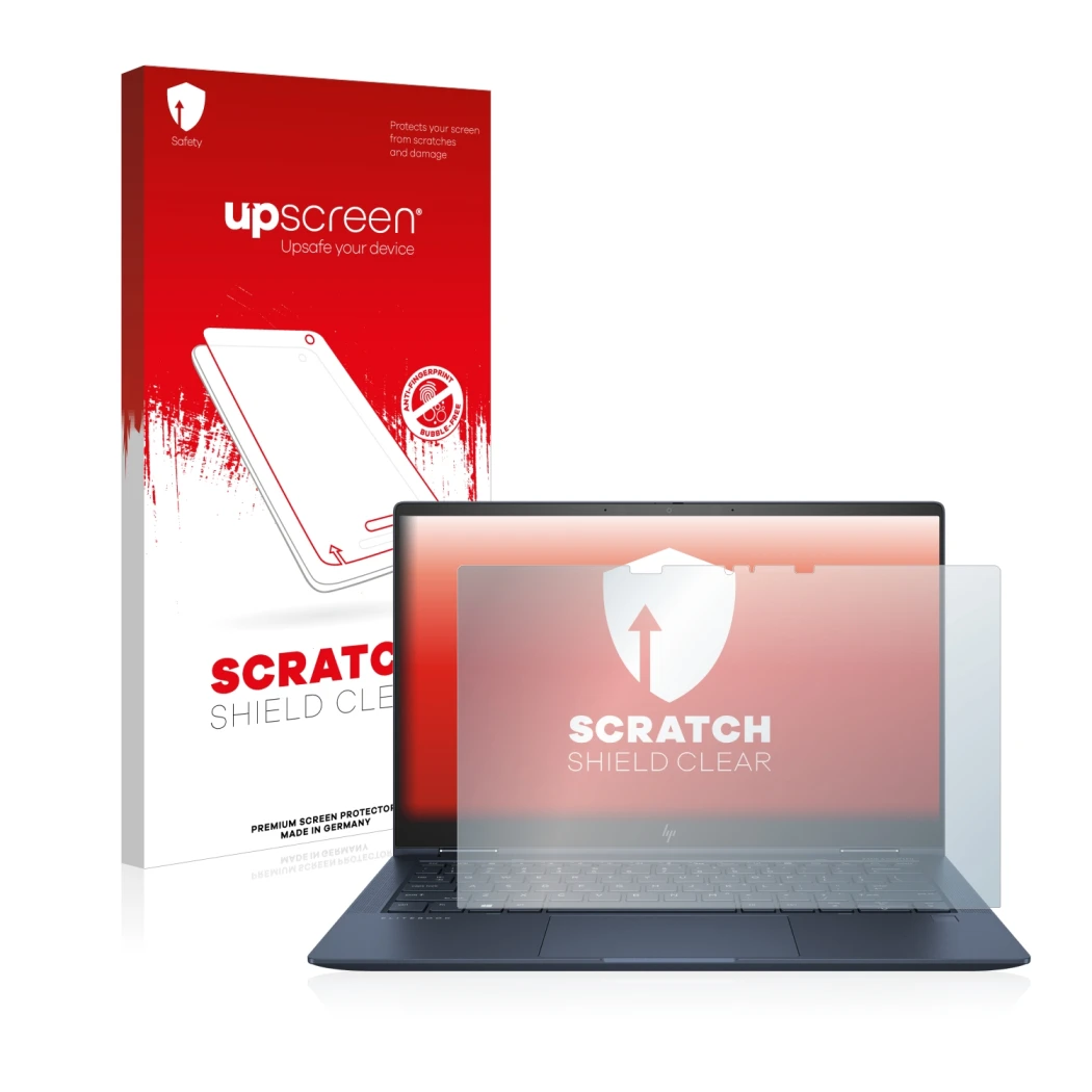 Parte frontal de un envase de producto con el logotipo de la marca upscreen. Al lado se muestra el dispositivo HP Elite Dragon