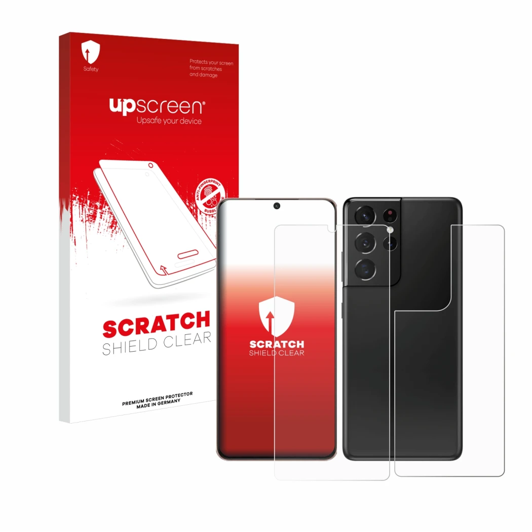 Parte frontal de un envase de producto con el logotipo de la marca upscreen. Al lado se muestra el dispositivo Samsung Galaxy