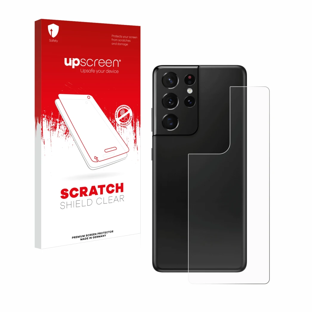 Parte frontal de un envase de producto con el logotipo de la marca upscreen. Al lado se muestra el dispositivo Samsung Galaxy 