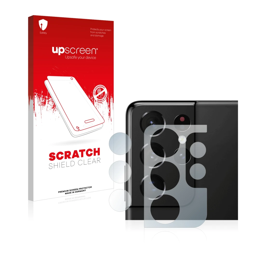 Parte frontal de un envase de producto con el logotipo de la marca upscreen. Al lado se muestra el dispositivo Samsung Galaxy 