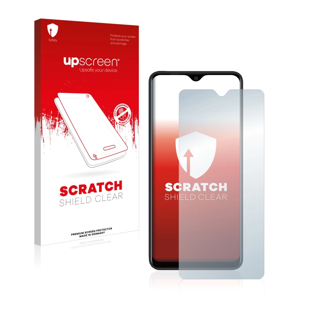 Parte frontal de un envase de producto con el logotipo de la marca upscreen. Al lado se muestra el dispositivo Blackview A80 P
