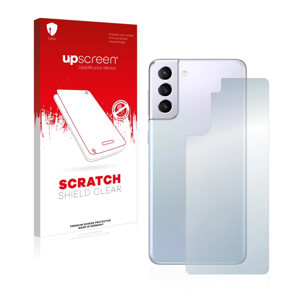 Parte frontal de un envase de producto con el logotipo de la marca upscreen. Al lado se muestra el dispositivo Samsung Galaxy