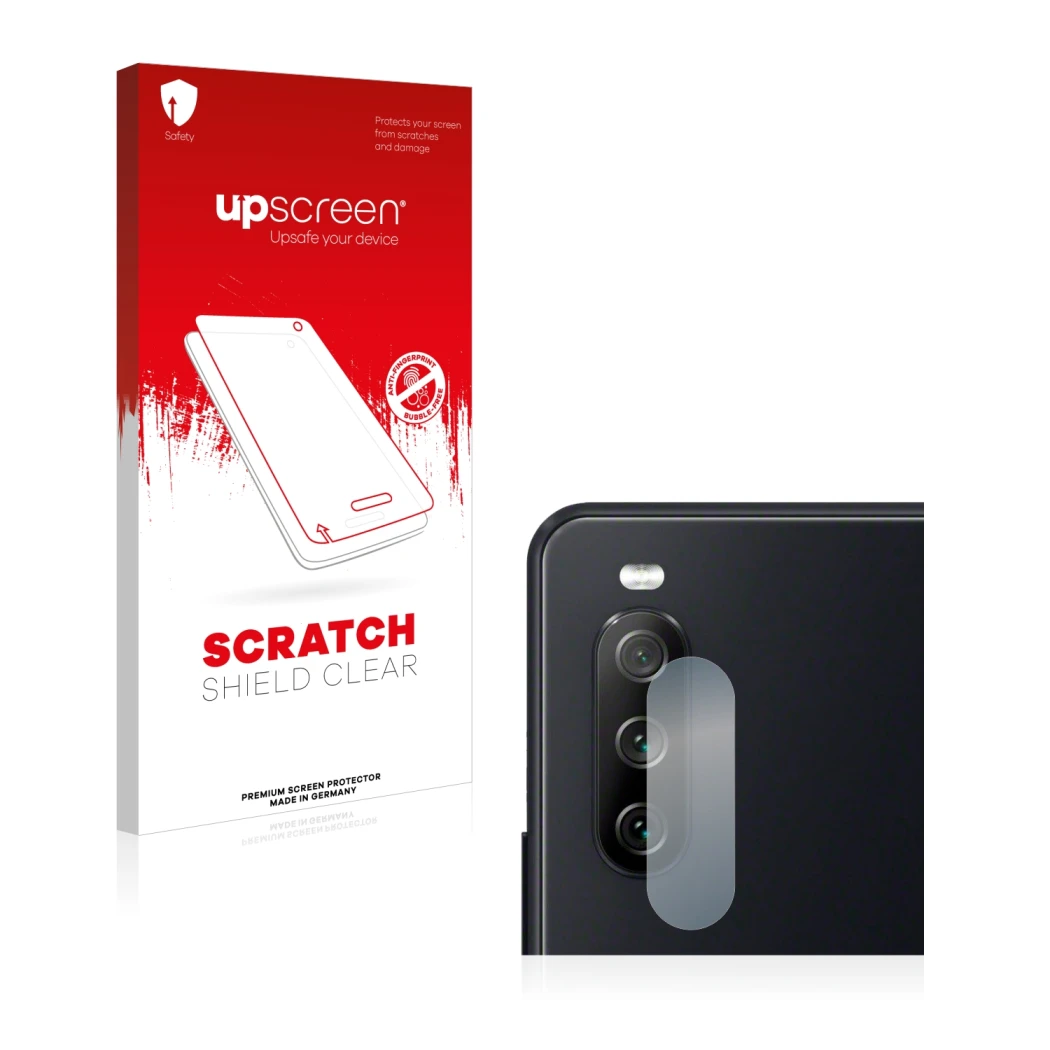 Parte frontal de un envase de producto con el logotipo de la marca upscreen. Al lado se muestra el dispositivo Sony Xperia 10 