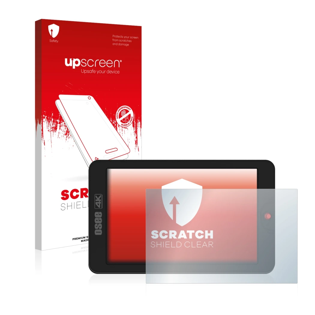 Parte frontal de un envase de producto con el logotipo de la marca upscreen. Al lado se muestra el dispositivo Osee G7 con su 