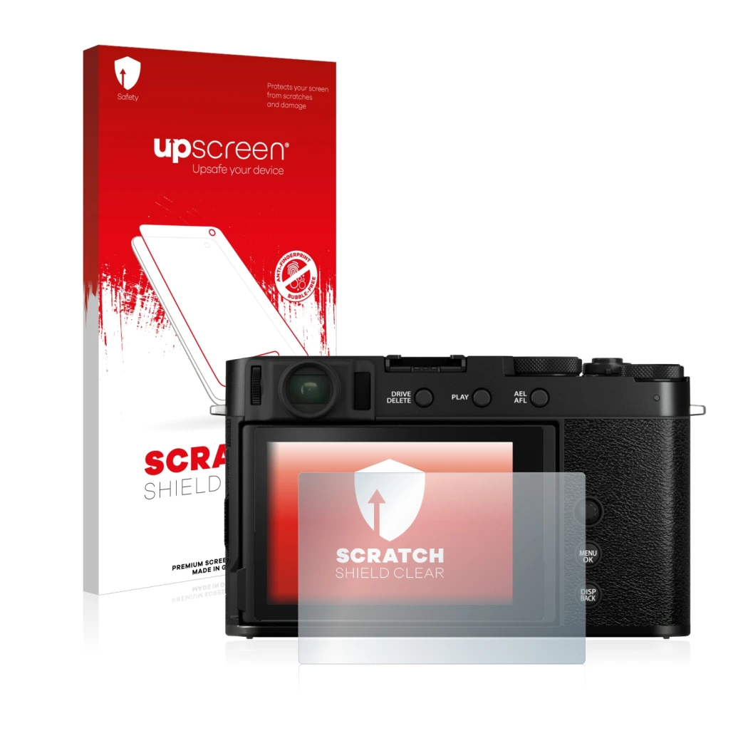Parte frontal de un envase de producto con el logotipo de la marca upscreen. Al lado se muestra el dispositivo Fujifilm X-E4 c