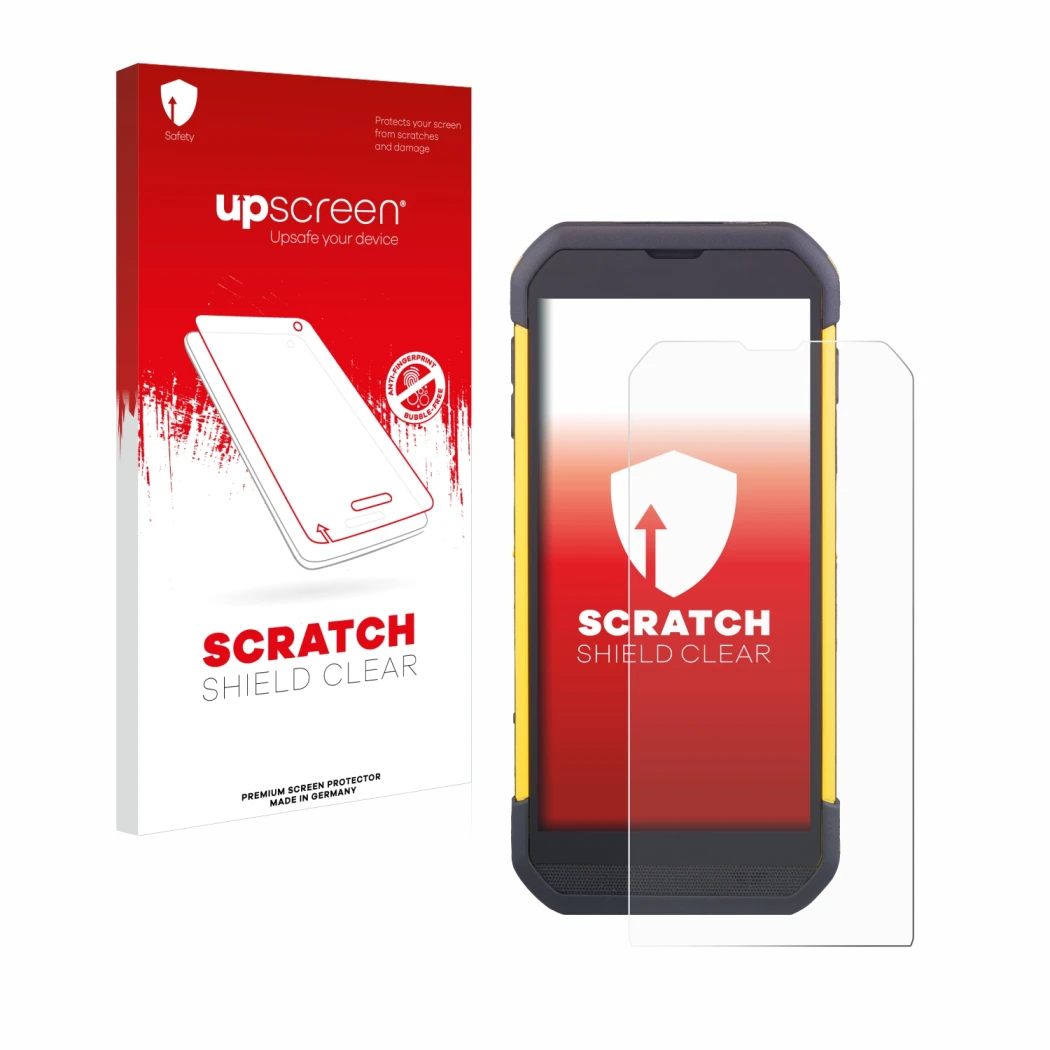 Parte frontal de un envase de producto con el logotipo de la marca upscreen. Al lado se muestra el dispositivo Cipherlab RS35