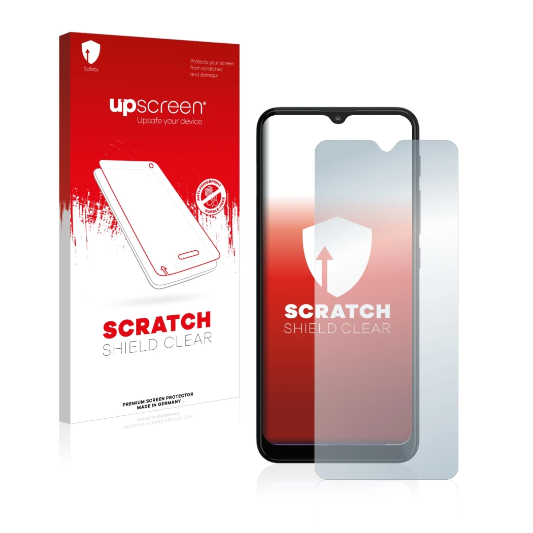 Parte frontal de un envase de producto con el logotipo de la marca upscreen. Al lado se muestra el dispositivo Motorola Moto G