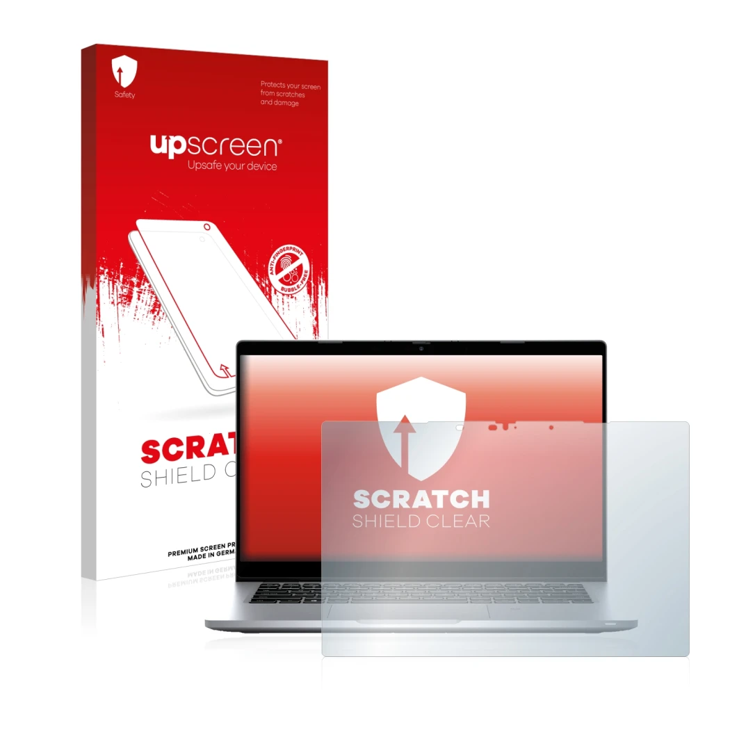Parte frontal de un envase de producto con el logotipo de la marca upscreen. Al lado se muestra el dispositivo Dell Latitude 5