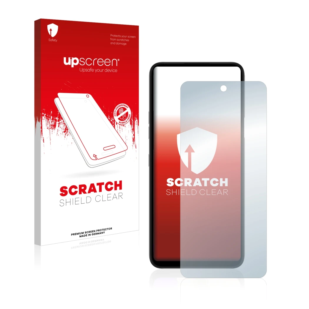 Parte frontal de un envase de producto con el logotipo de la marca upscreen. Al lado se muestra el dispositivo LG K42 con su p