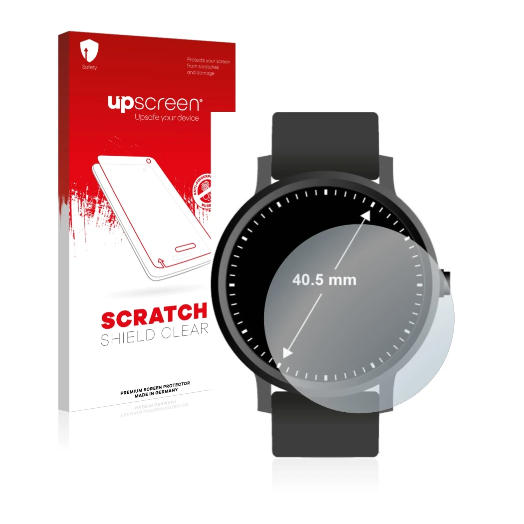 Parte frontal de un envase de producto con el logotipo de la marca upscreen. Al lado se muestra el dispositivo Relojes (Circul