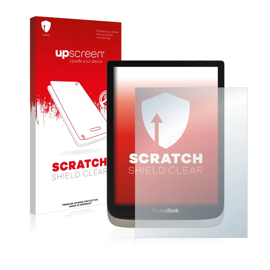 Parte frontal de un envase de producto con el logotipo de la marca upscreen. Al lado se muestra el dispositivo PocketBook InkP
