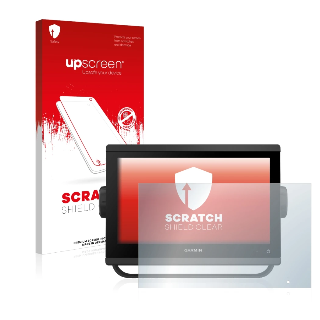 Parte frontal de un envase de producto con el logotipo de la marca upscreen. Al lado se muestra el dispositivo Garmin GPSMAP 9