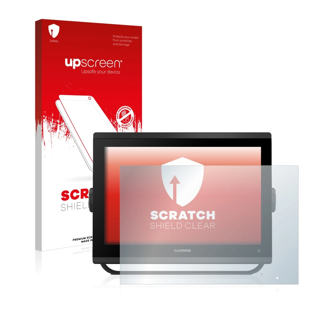 Parte frontal de un envase de producto con el logotipo de la marca upscreen. Al lado se muestra el dispositivo Garmin GPSMAP 1