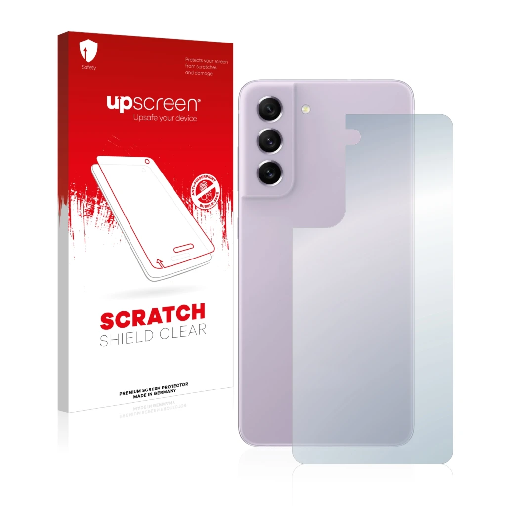 Parte frontal de un envase de producto con el logotipo de la marca upscreen. Al lado se muestra el dispositivo Samsung Galaxy 