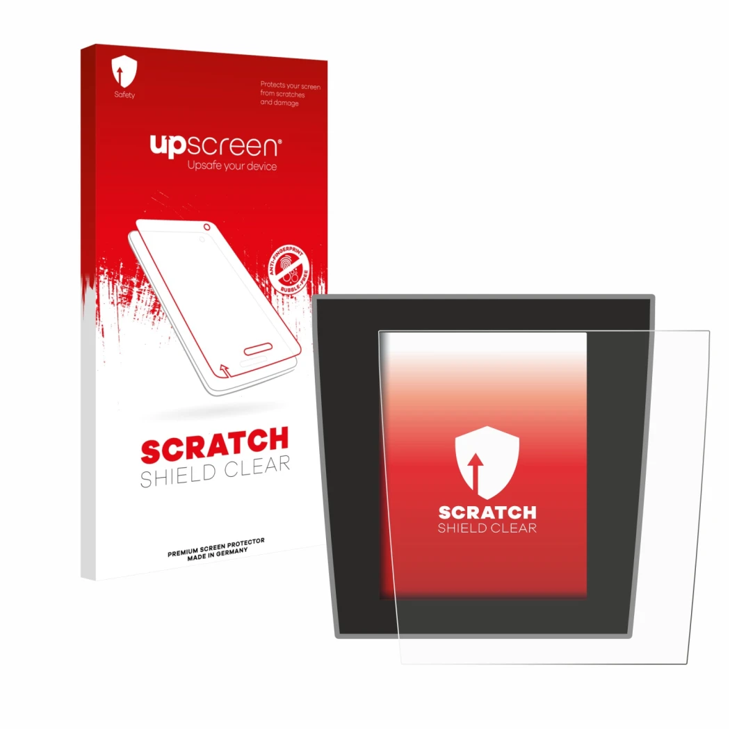 Parte frontal de un envase de producto con el logotipo de la marca upscreen. Al lado se muestra el dispositivo Porsche Taycan