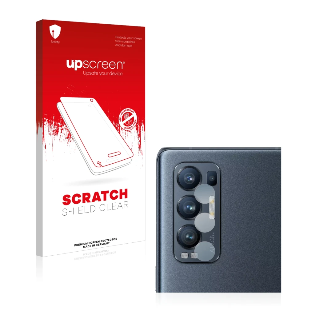 Parte frontal de un envase de producto con el logotipo de la marca upscreen. Al lado se muestra el dispositivo Oppo Find X3 Ne
