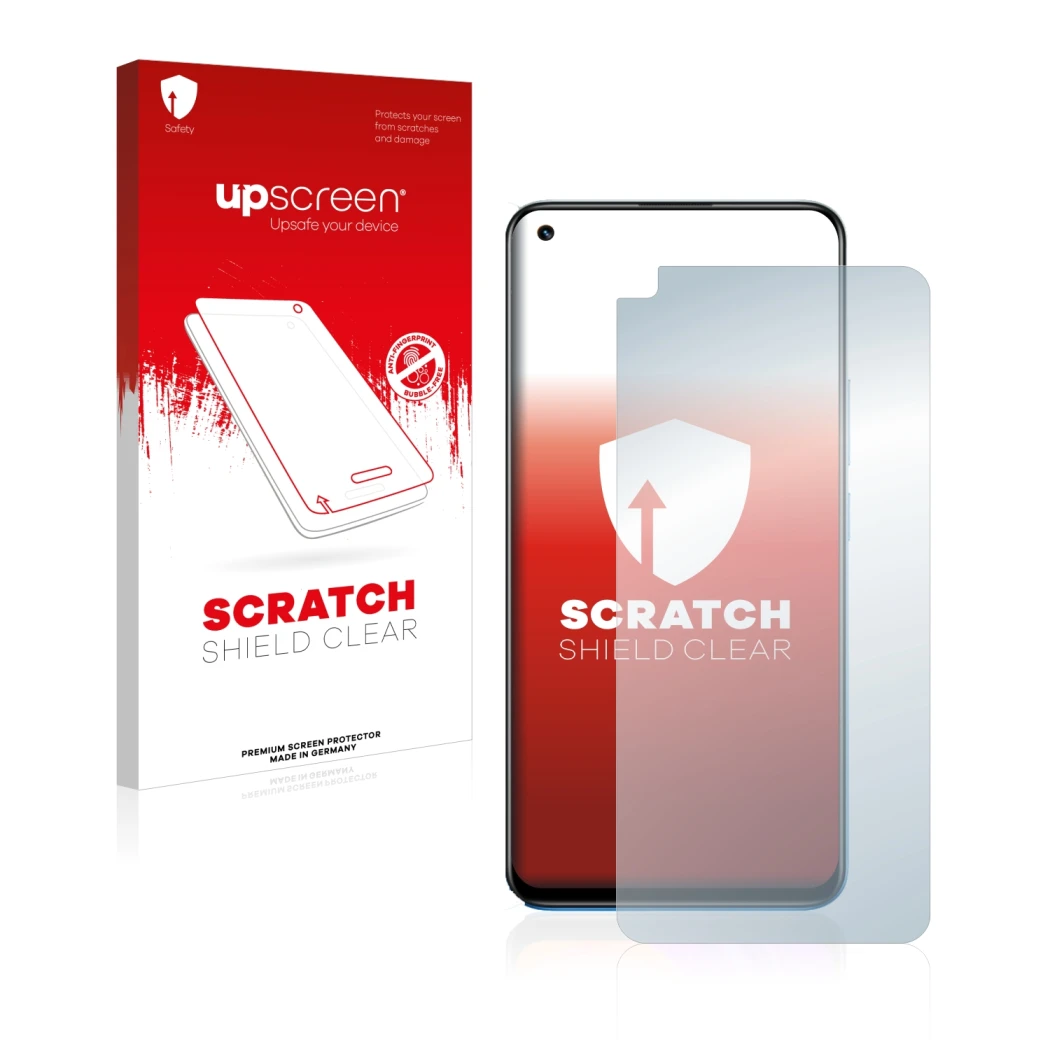 Parte frontal de un envase de producto con el logotipo de la marca upscreen. Al lado se muestra el dispositivo realme 8 con su