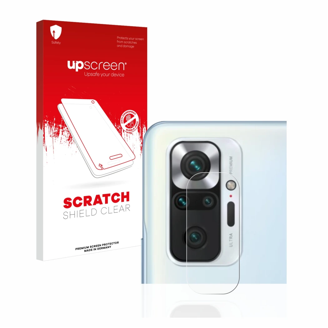 Parte frontal de un envase de producto con el logotipo de la marca upscreen. Al lado se muestra el dispositivo Xiaomi Redmi No