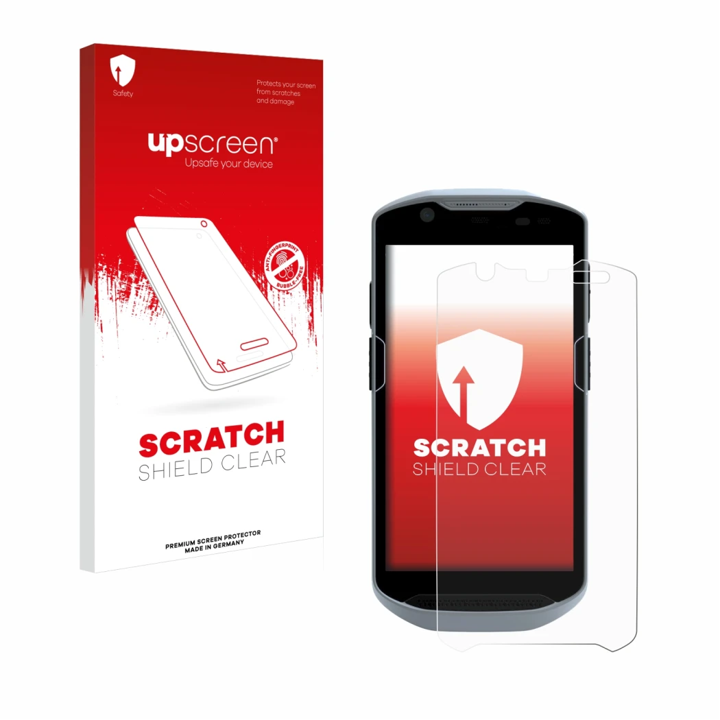 Parte frontal de un envase de producto con el logotipo de la marca upscreen. Al lado se muestra el dispositivo Zebra TC52x con