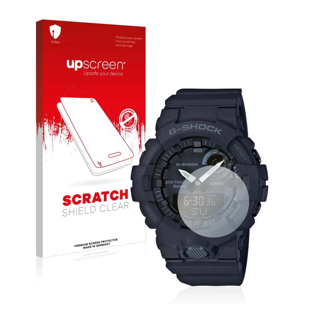 Parte frontal de un envase de producto con el logotipo de la marca upscreen. Al lado se muestra el dispositivo Casio G-Shock G