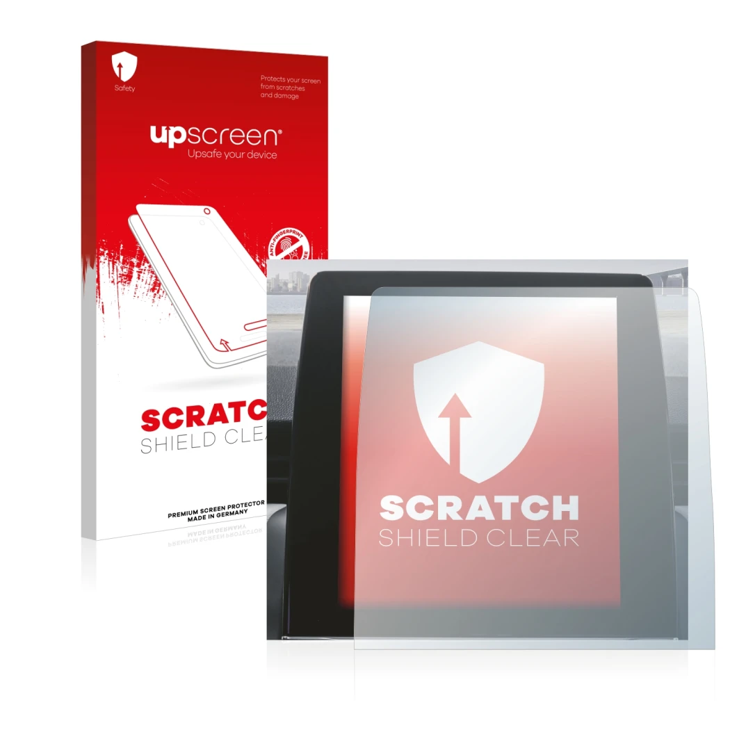 Parte frontal de un envase de producto con el logotipo de la marca upscreen. Al lado se muestra el dispositivo Renault Zoe 202