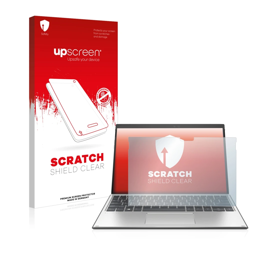 Parte frontal de un envase de producto con el logotipo de la marca upscreen. Al lado se muestra el dispositivo HP Elite x2 G8 