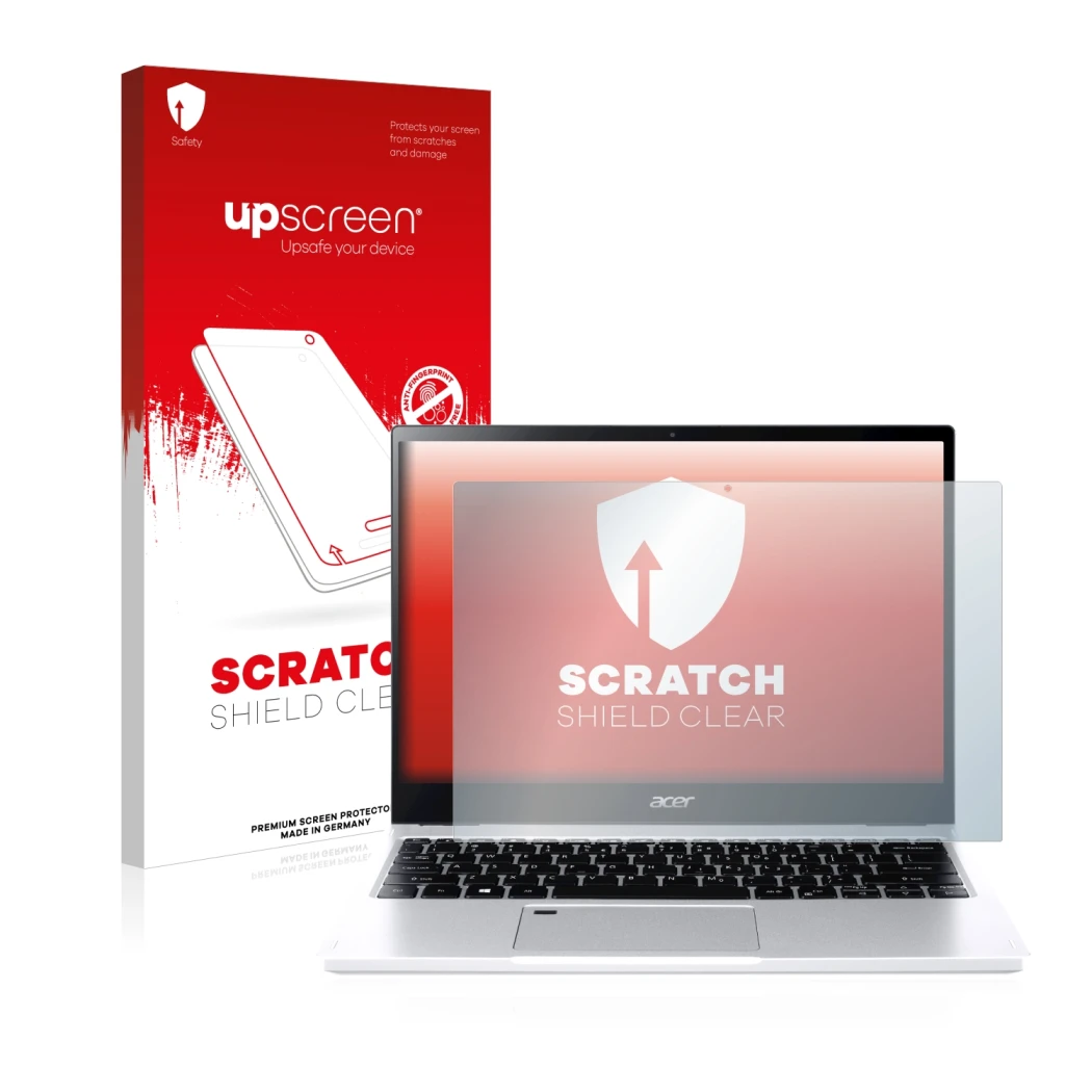 Parte frontal de un envase de producto con el logotipo de la marca upscreen. Al lado se muestra el dispositivo Acer Spin 3 SP3