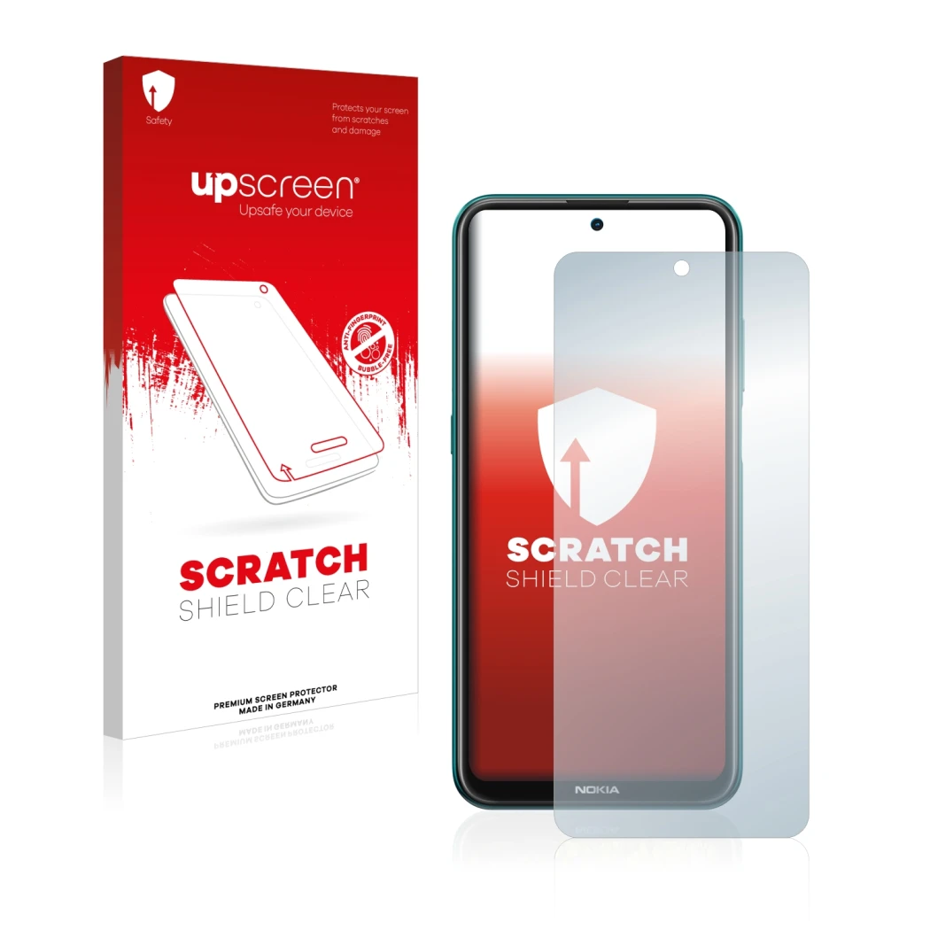 Parte frontal de un envase de producto con el logotipo de la marca upscreen. Al lado se muestra el dispositivo Nokia X10 con s