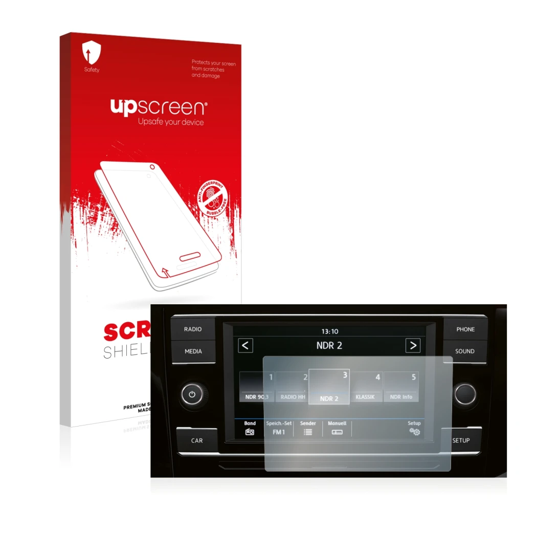 Parte frontal de un envase de producto con el logotipo de la marca upscreen. Al lado se muestra el dispositivo Volkswagen T6.1
