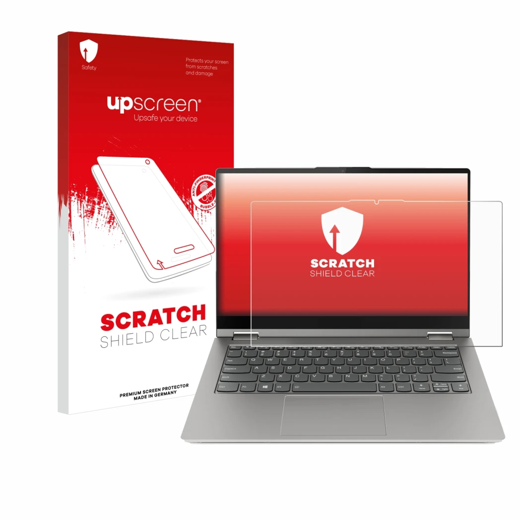 Parte frontal de un envase de producto con el logotipo de la marca upscreen. Al lado se muestra el dispositivo Lenovo ThinkBoo