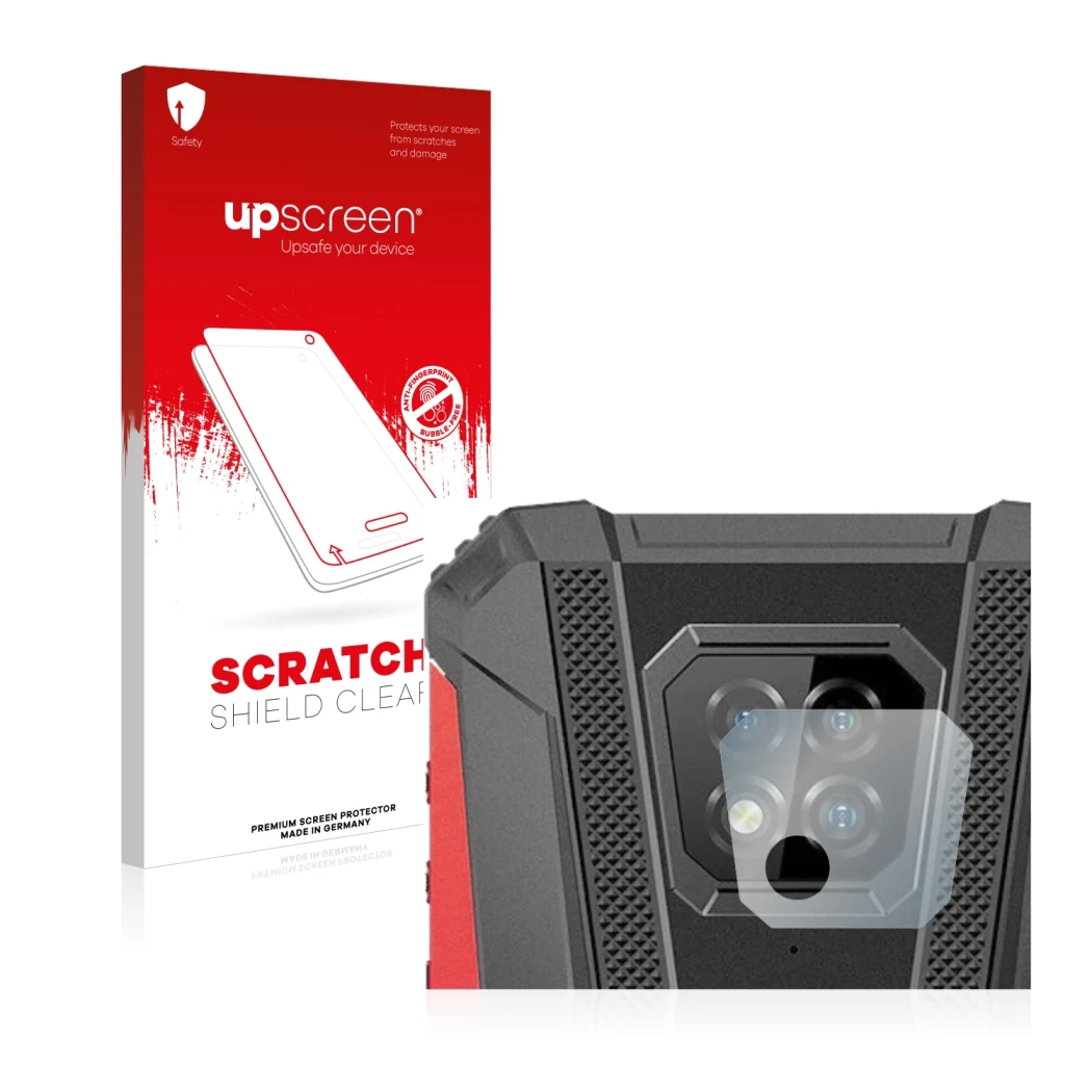 Parte frontal de un envase de producto con el logotipo de la marca upscreen. Al lado se muestra el dispositivo Ulefone Armor 8