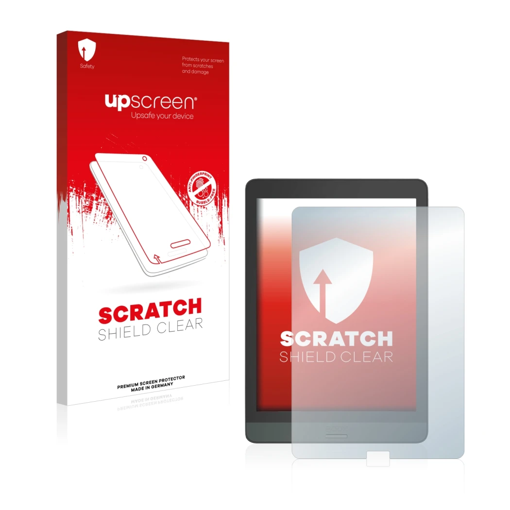 Parte frontal de un envase de producto con el logotipo de la marca upscreen. Al lado se muestra el dispositivo Boox Nova 3 con