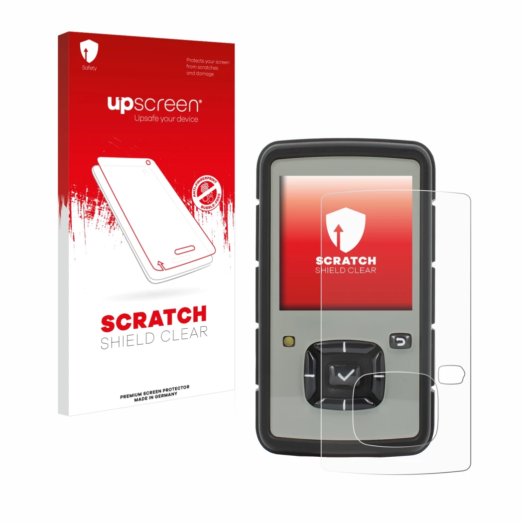 Parte frontal de un envase de producto con el logotipo de la marca upscreen. Al lado se muestra el dispositivo TPL Birdy Slim