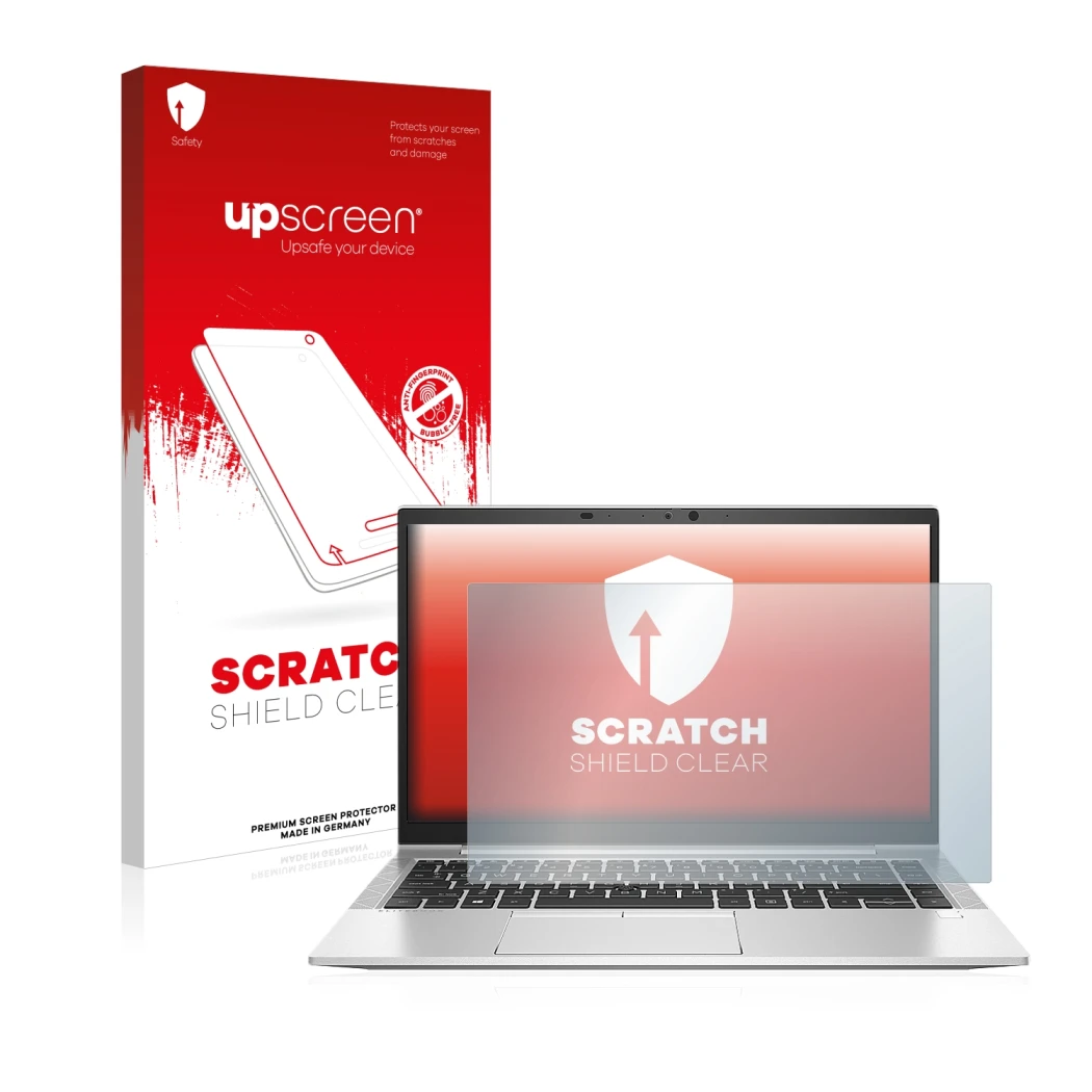 Parte frontal de un envase de producto con el logotipo de la marca upscreen. Al lado se muestra el dispositivo HP EliteBook 84