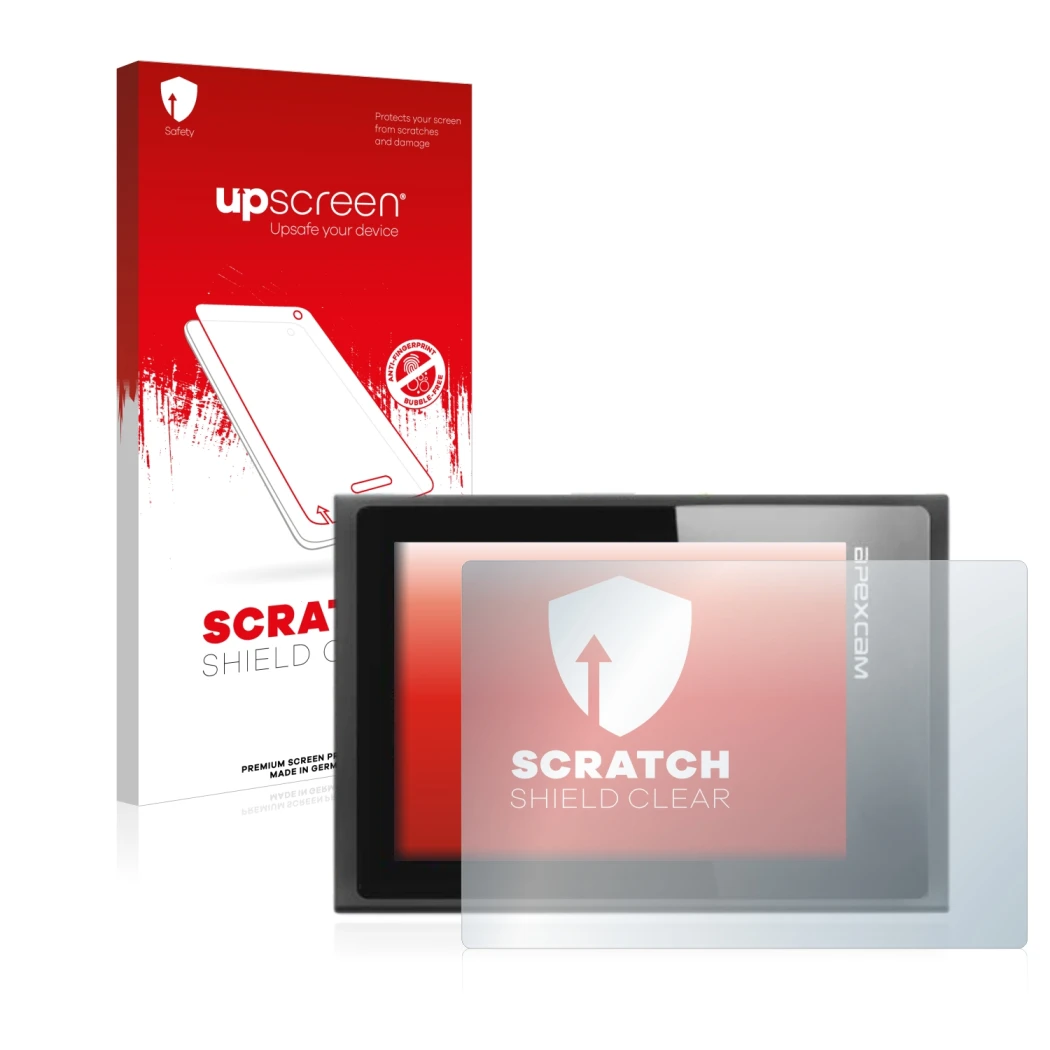 Parte frontal de un envase de producto con el logotipo de la marca upscreen. Al lado se muestra el dispositivo Apexcam M80 Air