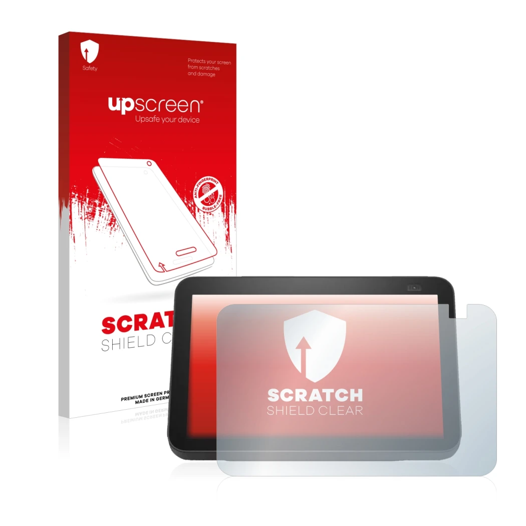 Parte frontal de un envase de producto con el logotipo de la marca upscreen. Al lado se muestra el dispositivo Amazon Echo Sho