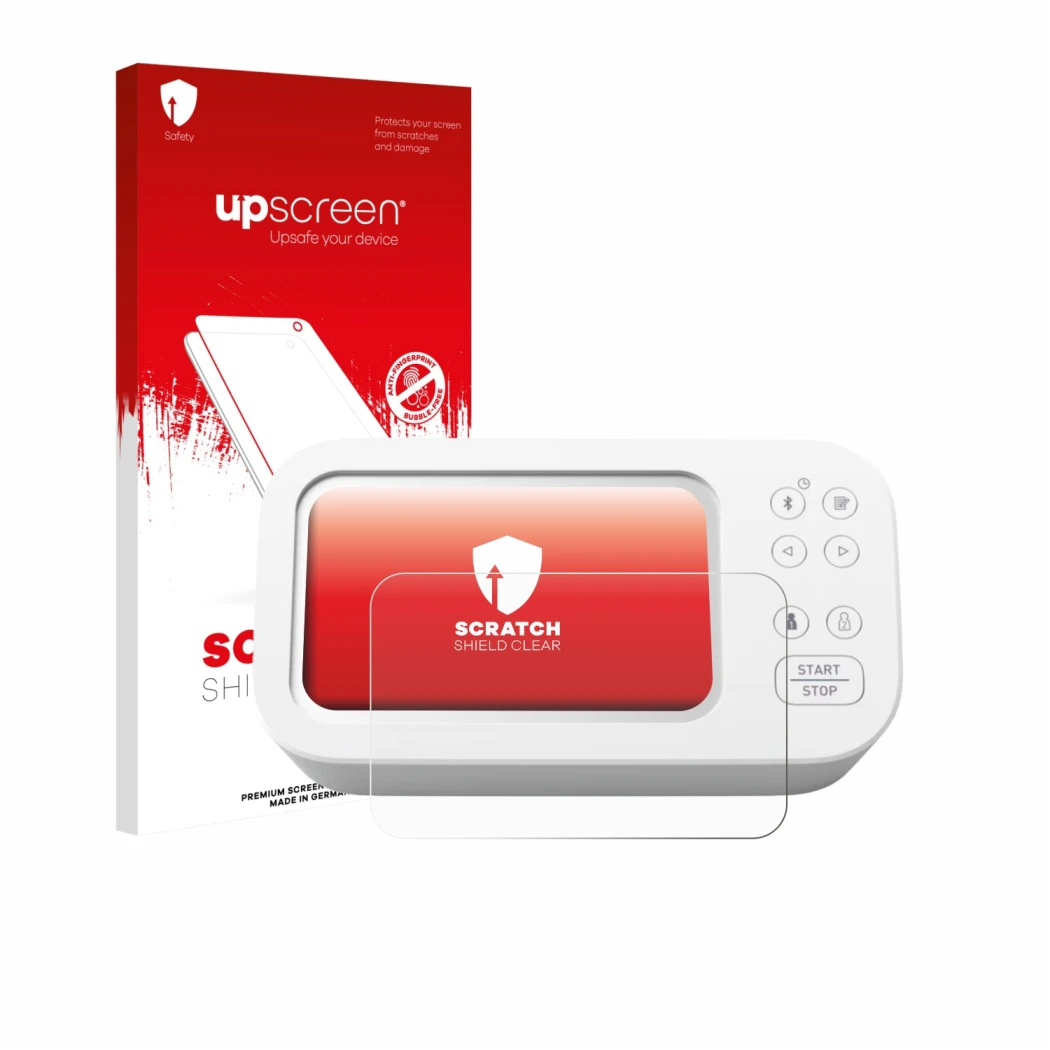 Parte frontal de un envase de producto con el logotipo de la marca upscreen. Al lado se muestra el dispositivo Omron X7 Smart