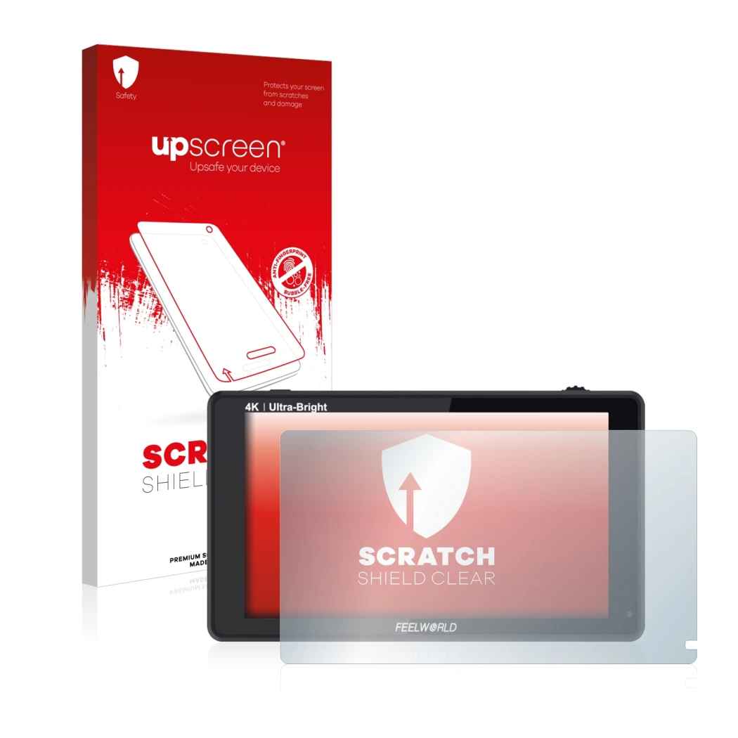Parte frontal de un envase de producto con el logotipo de la marca upscreen. Al lado se muestra el dispositivo Feelworld LUT6