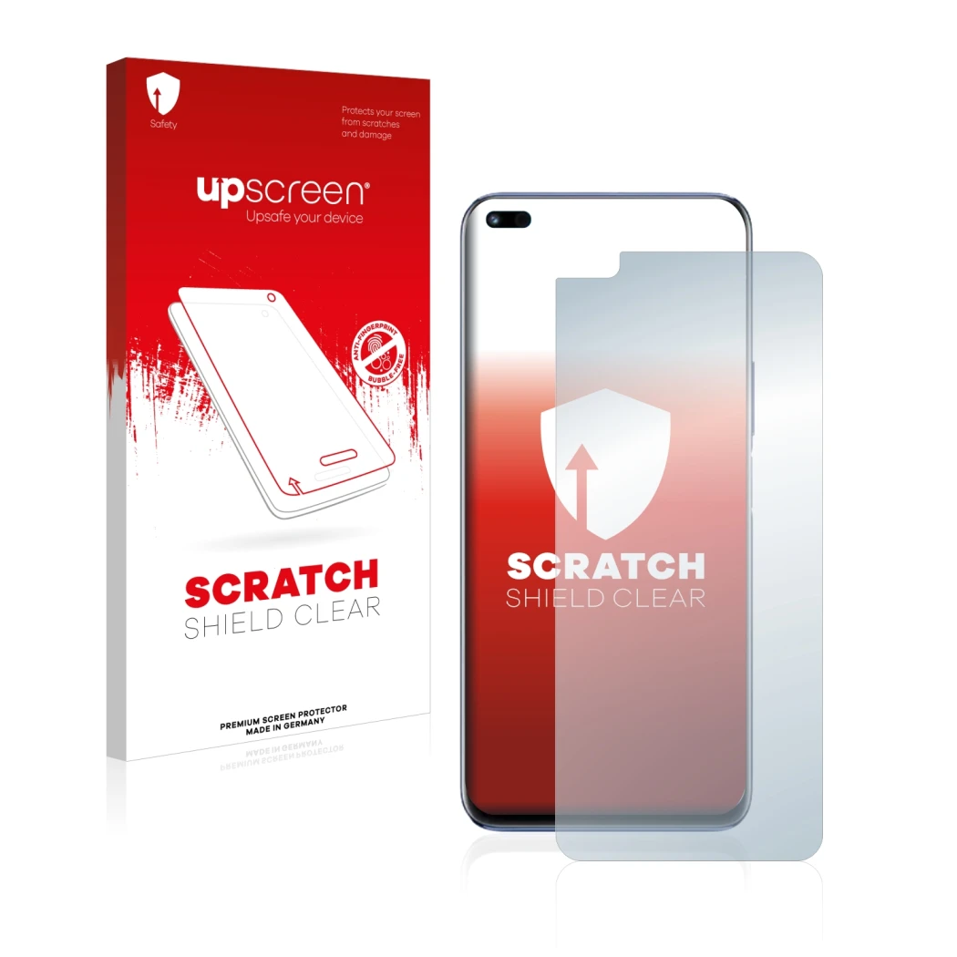 Parte frontal de un envase de producto con el logotipo de la marca upscreen. Al lado se muestra el dispositivo Huawei Nova 8i