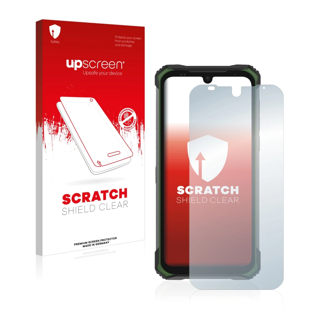 Parte frontal de un envase de producto con el logotipo de la marca upscreen. Al lado se muestra el dispositivo Doogee S86 Pro