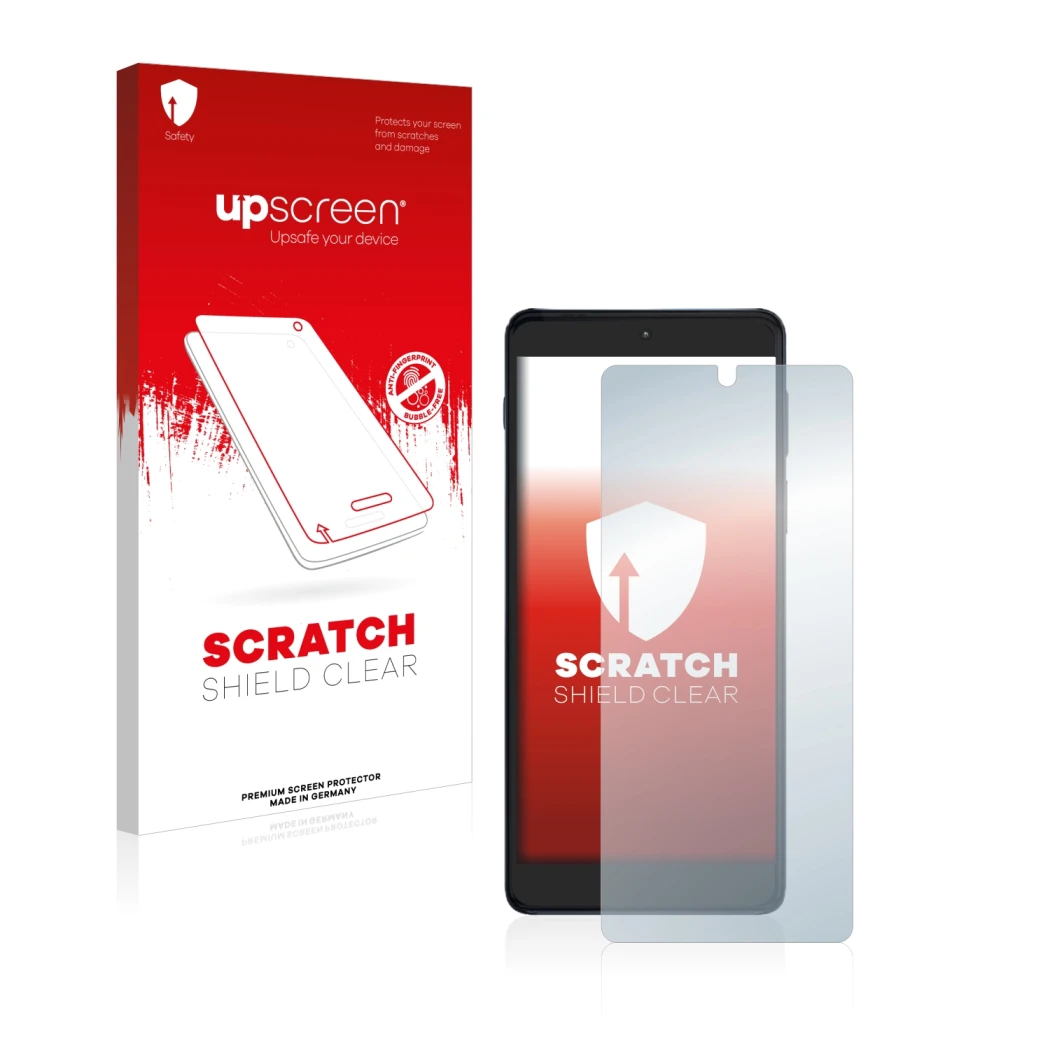 Parte frontal de un envase de producto con el logotipo de la marca upscreen. Al lado se muestra el dispositivo Motorola Edge 2