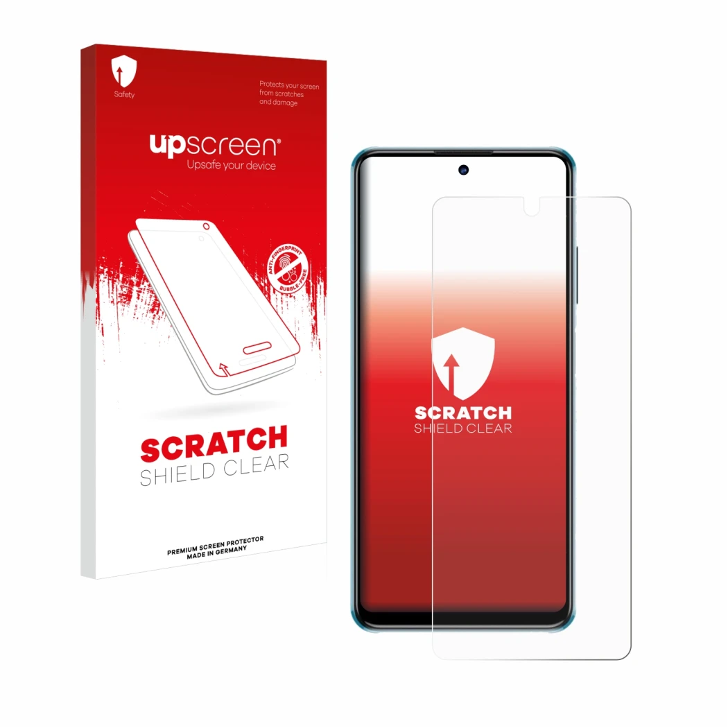Parte frontal de un envase de producto con el logotipo de la marca upscreen. Al lado se muestra el dispositivo ZTE Blade V30 c