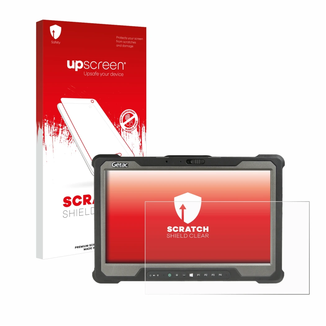 Parte frontal de un envase de producto con el logotipo de la marca upscreen. Al lado se muestra el dispositivo Getac A140 con